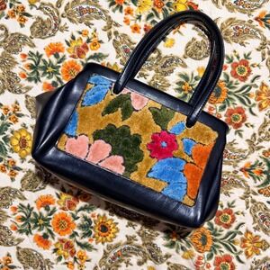 Vintage 1960s Black Floral Carpet Bag Handbag Triple Compartment Satchel